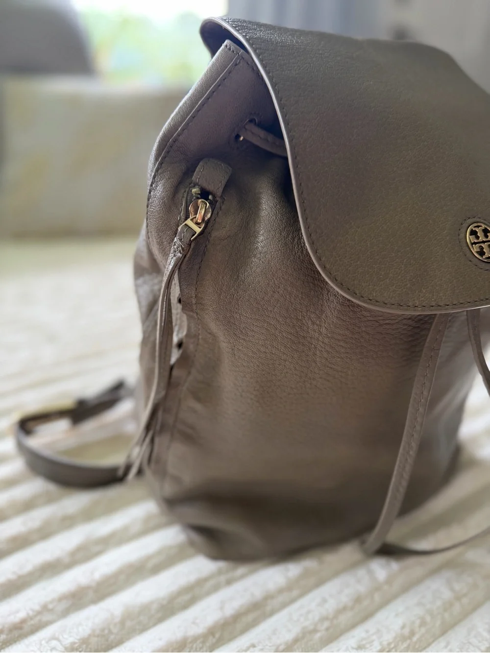 Tory Burch Pebbled Leather Backpack - Taupe Gray